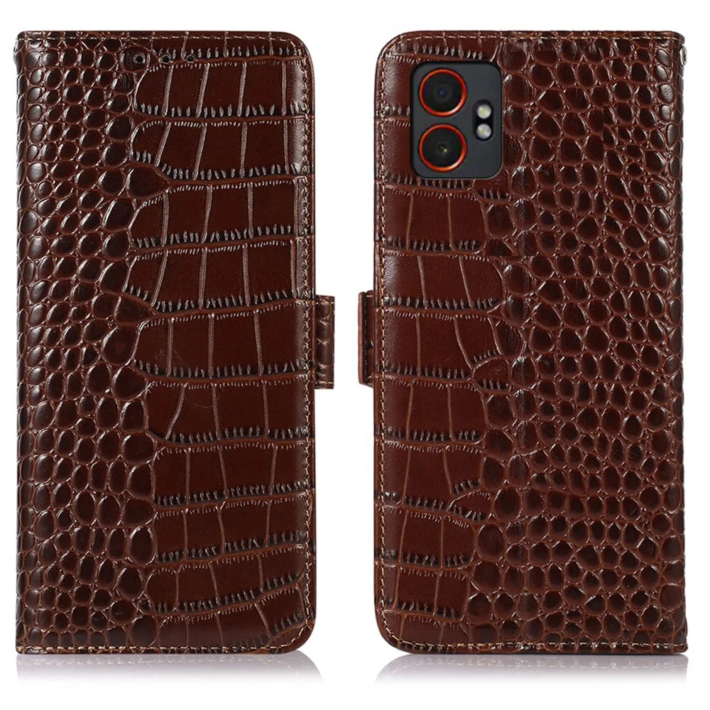 For Samsung Galaxy XCover7 Pro Case Crocodile Texture Genuine Cow Leather Phone Wallet Cover - Brown - 1