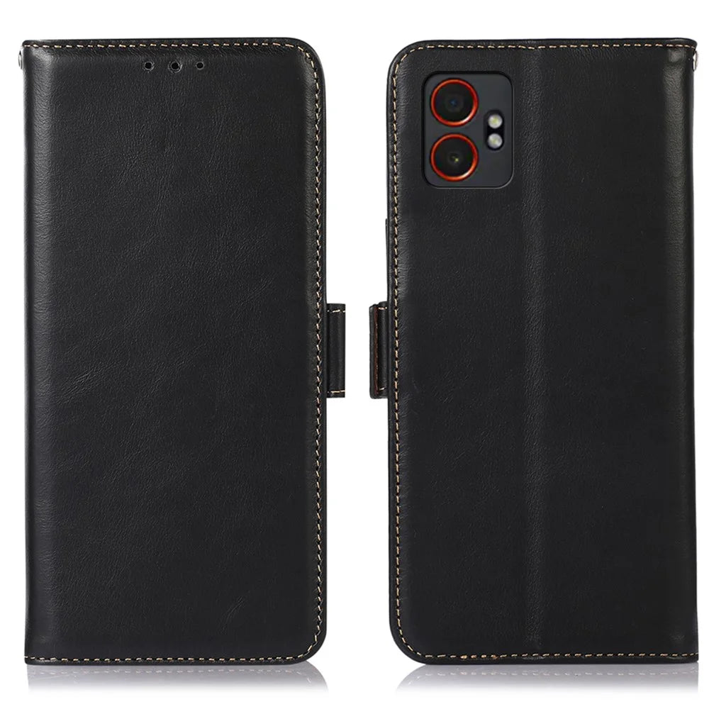 For Samsung Galaxy XCover7 Pro Case RFID Blocking Genuine Cow Leather Wallet Phone Cover - Black - 1