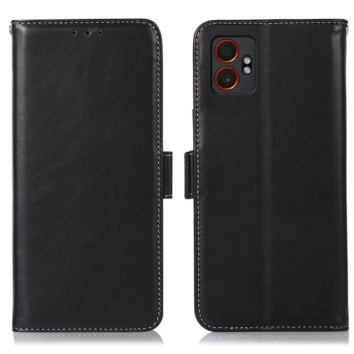 For Samsung Galaxy XCover7 Pro Case RFID Blocking Genuine Cow Leather Wallet Phone Cover - Black - 1