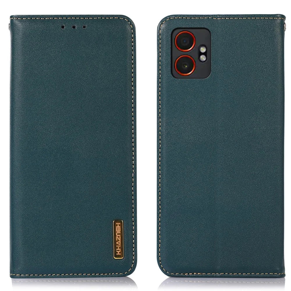 KHAZNEH For Samsung Galaxy XCover7 Pro Case Wallet Genuine Cow Leather Phone Cover Nappa Texture - Green - 1