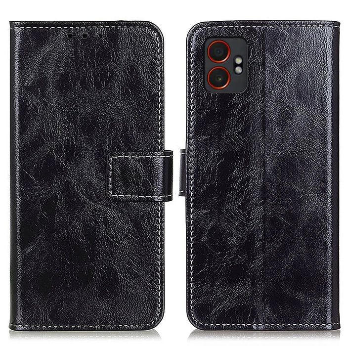 For Samsung Galaxy XCover7 Pro Case Wallet Leather Phone Cover Crazy Horse Texture - Black - 1