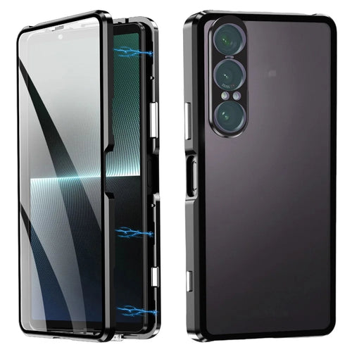 For Sony Xperia 1 VII Case Clear Tempered Glass + Metal + PC Back Magnetic Adsorption Phone Cover - Black - 1