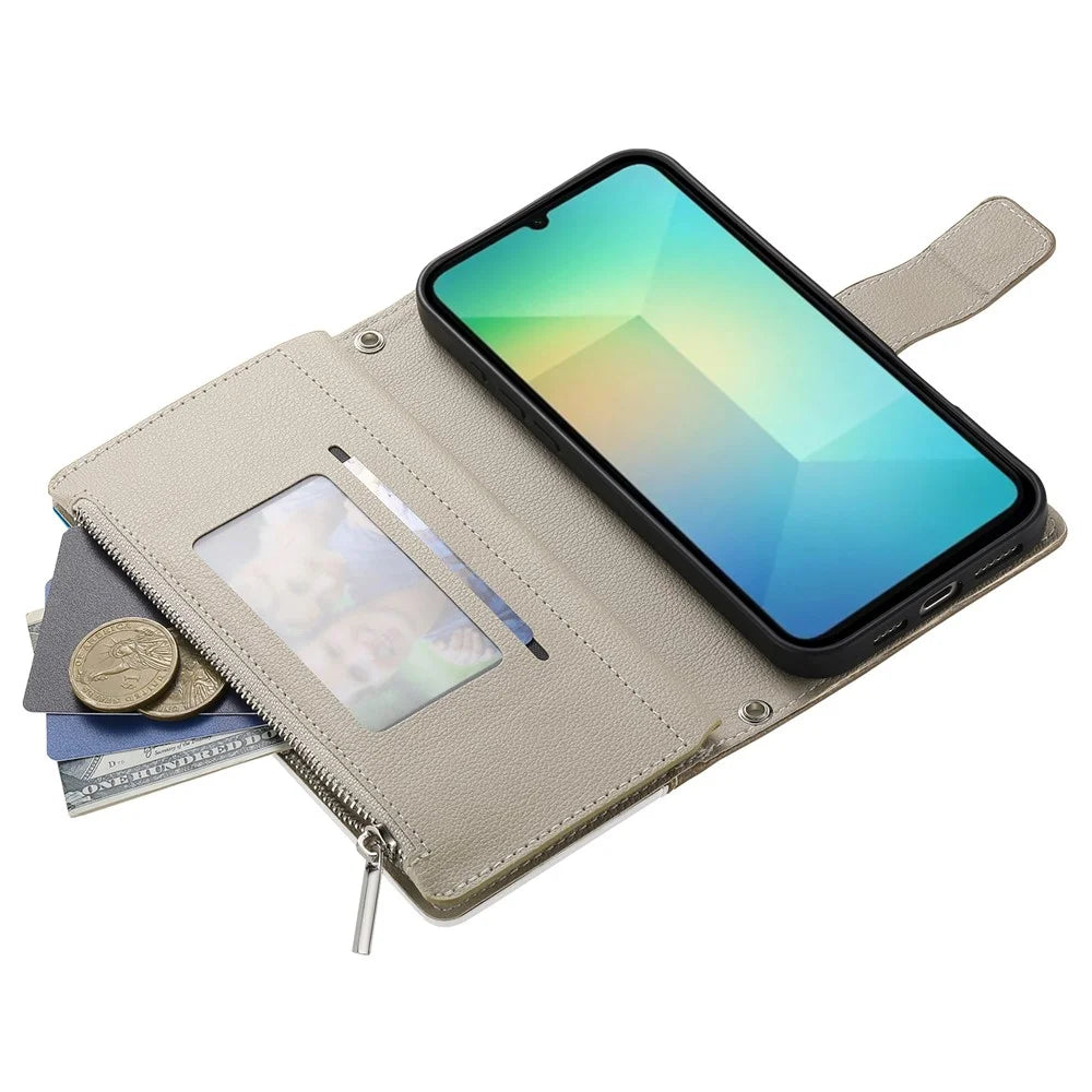 For Samsung Galaxy A06 4G Case Zipper Wallet Color Splicing Leather Flip Phone Cover with Straps - Lake Blue - 3