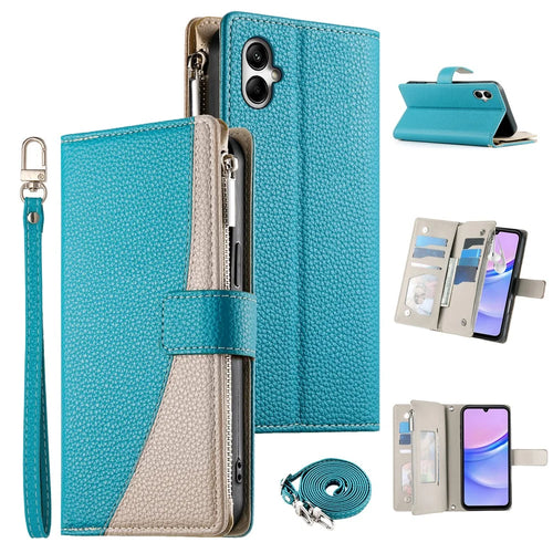 For Samsung Galaxy A05 4G Case Zipper Wallet Color Splicing Leather Flip Phone Cover with Straps - Lake Blue - 1