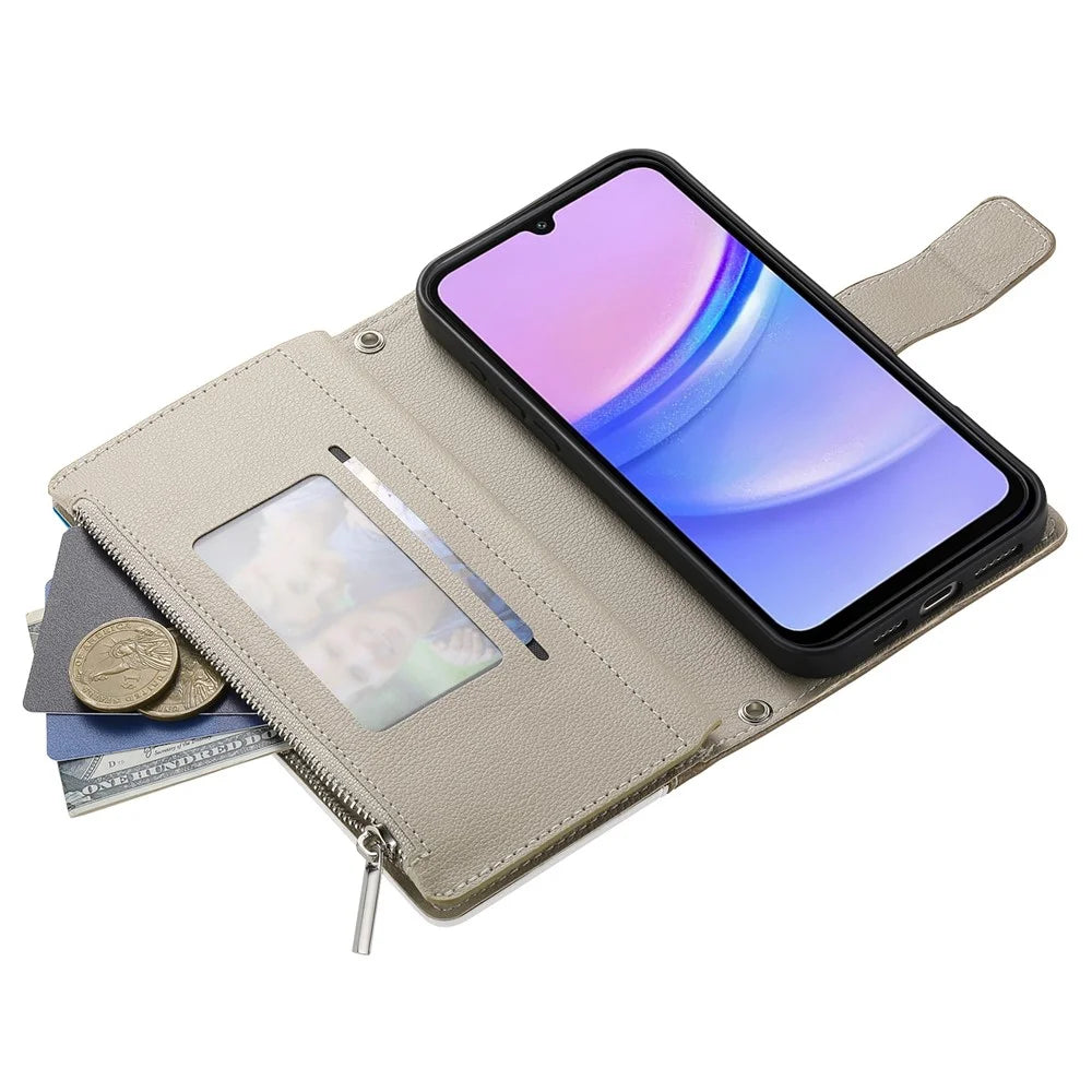 For Samsung Galaxy A05 4G Case Zipper Wallet Color Splicing Leather Flip Phone Cover with Straps - Lake Blue - 3