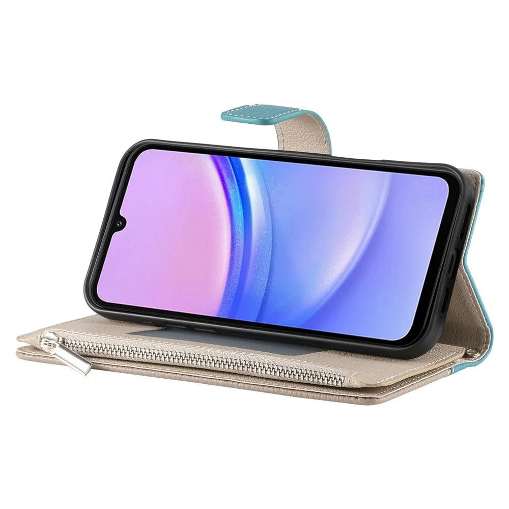 For Samsung Galaxy A15 5G  /  4G Case Zipper Wallet Color Splicing Leather Flip Phone Cover with Straps - Lake Blue - 5