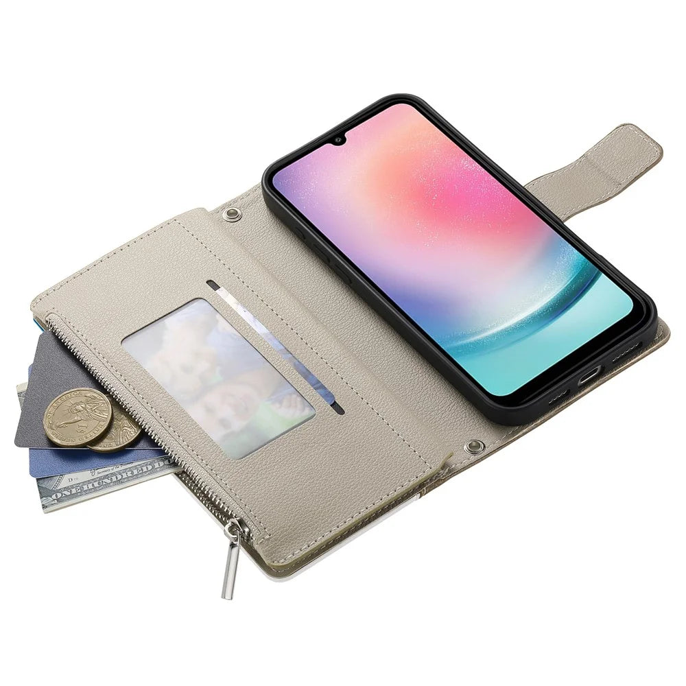For Samsung Galaxy A24 4G (162.1mm) Case Zipper Wallet Color Splicing Leather Flip Phone Cover with Straps - Lake Blue - 3