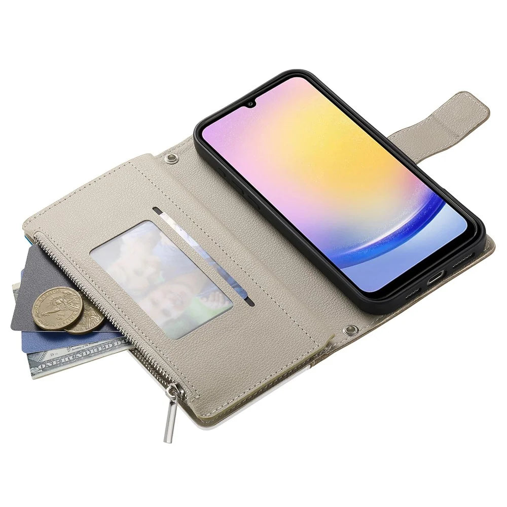 For Samsung Galaxy A25 5G (Global) (161.0mm) Case Zipper Wallet Color Splicing Leather Flip Phone Cover with Straps - Lake Blue - 3
