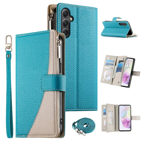 For Samsung Galaxy A35 5G Case Zipper Wallet Color Splicing Leather Flip Phone Cover with Straps - Lake Blue - 1