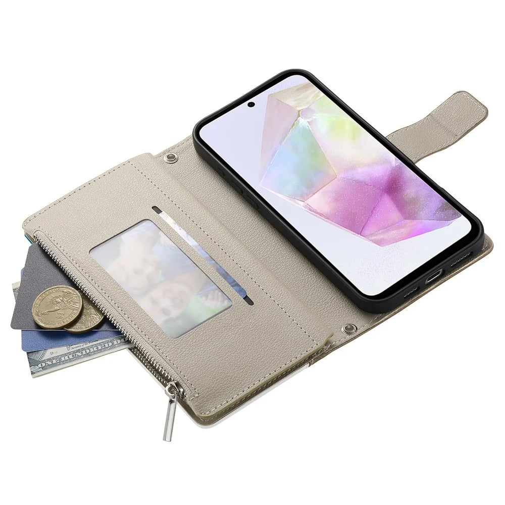 For Samsung Galaxy A35 5G Case Zipper Wallet Color Splicing Leather Flip Phone Cover with Straps - Lake Blue - 3