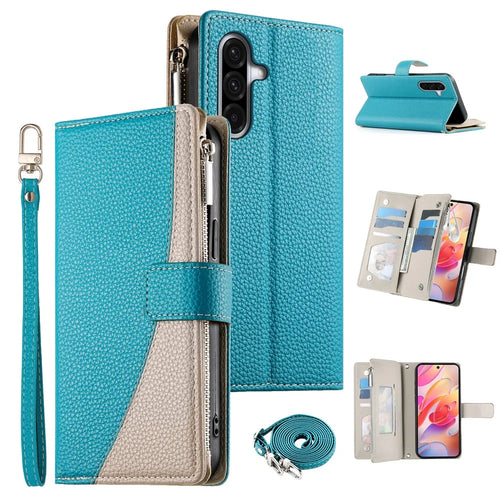 For Samsung Galaxy A36 5G Case Zipper Wallet Color Splicing Leather Flip Phone Cover with Straps - Lake Blue - 1