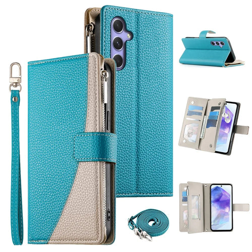 For Samsung Galaxy A55 5G Case Zipper Wallet Color Splicing Leather Flip Phone Cover with Straps - Lake Blue - 1