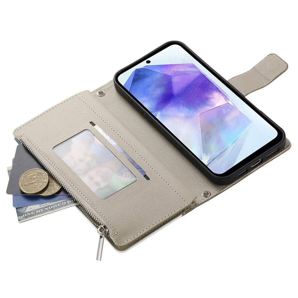 For Samsung Galaxy A55 5G Case Zipper Wallet Color Splicing Leather Flip Phone Cover with Straps - Lake Blue - 3