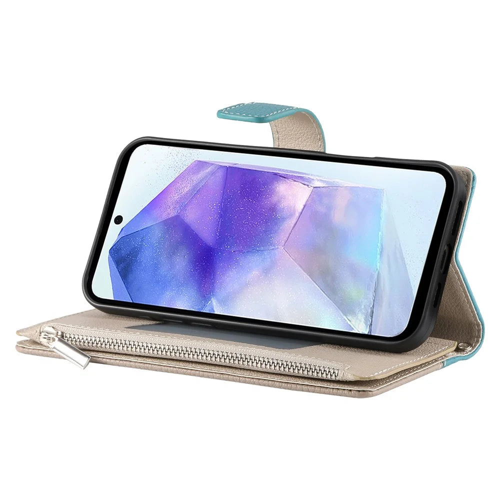 For Samsung Galaxy A55 5G Case Zipper Wallet Color Splicing Leather Flip Phone Cover with Straps - Lake Blue - 5