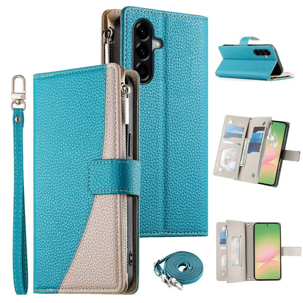 For Samsung Galaxy A56 5G Case Zipper Wallet Color Splicing Leather Flip Phone Cover with Straps - Lake Blue - 1