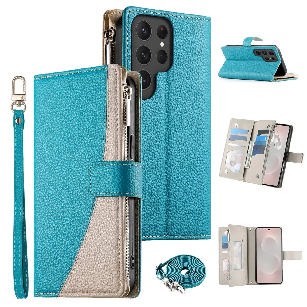 For Samsung Galaxy S25 Ultra Case Zipper Wallet Color Splicing Leather Flip Phone Cover with Straps - Lake Blue - 1