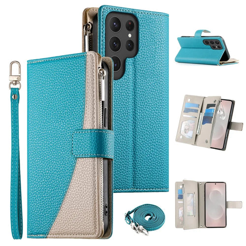 For Samsung Galaxy S25 Ultra Case Zipper Wallet Color Splicing Leather Flip Phone Cover with Straps - Lake Blue - 1