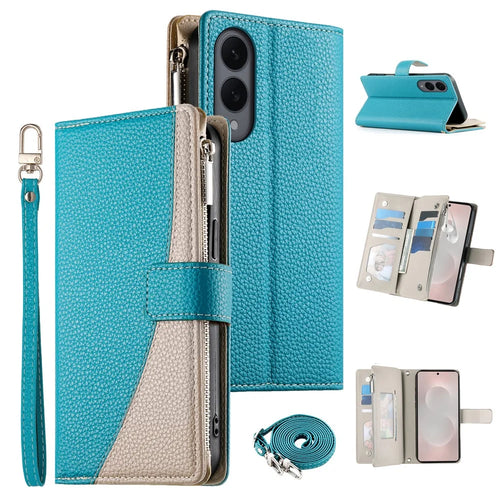 For Samsung Galaxy S25 Edge Case Zipper Wallet Color Splicing Leather Flip Phone Cover with Straps - Lake Blue - 1