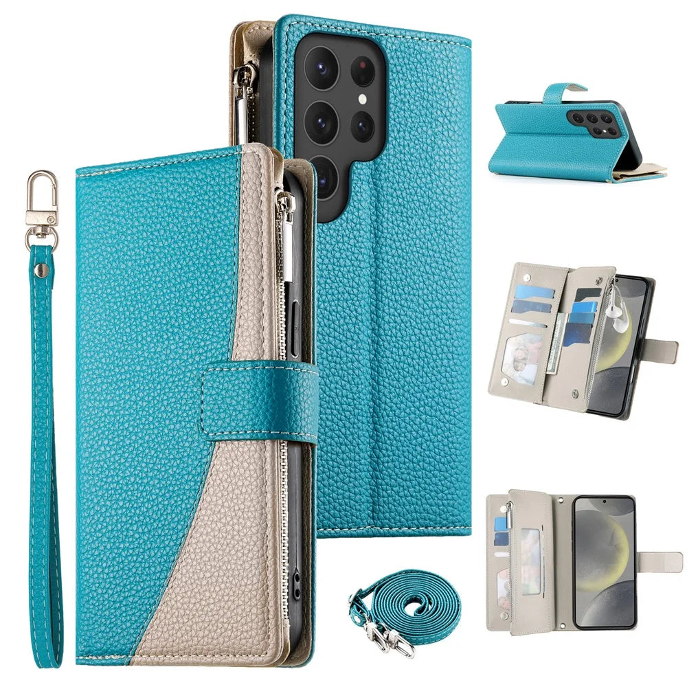 For Samsung Galaxy S24 Ultra Case Zipper Wallet Color Splicing Leather Flip Phone Cover with Straps - Lake Blue - 1