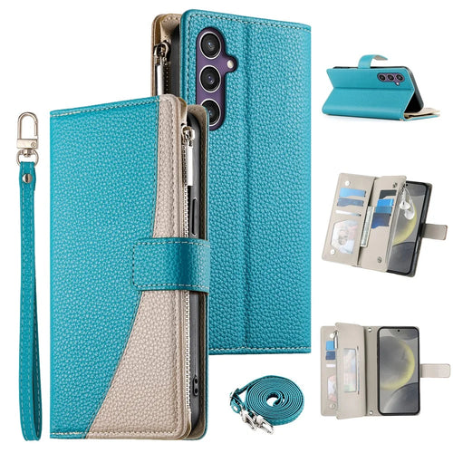 For Samsung Galaxy S25  /  S24 Case Zipper Wallet Color Splicing Leather Flip Phone Cover with Straps - Lake Blue - 1