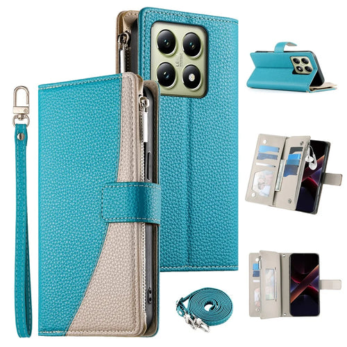 For Realme 14T 5G Case Zipper Wallet Color Splicing Leather Flip Phone Cover with Straps - Lake Blue - 1