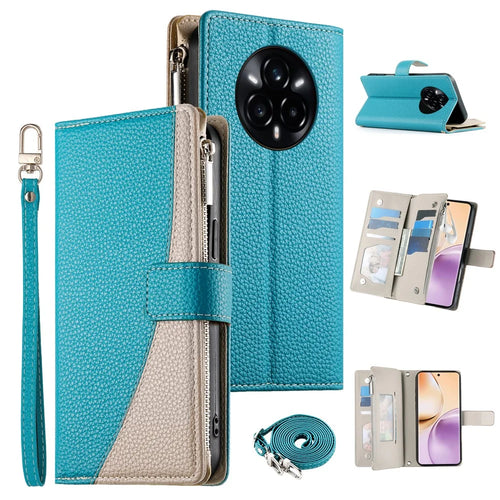 For Realme 14 Pro+ 5G Case Zipper Wallet Color Splicing Leather Flip Phone Cover with Straps - Lake Blue - 1
