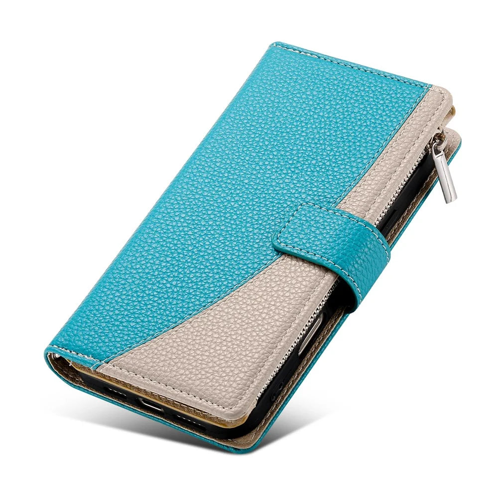 For Realme 14 Pro+ 5G Case Zipper Wallet Color Splicing Leather Flip Phone Cover with Straps - Lake Blue - 6