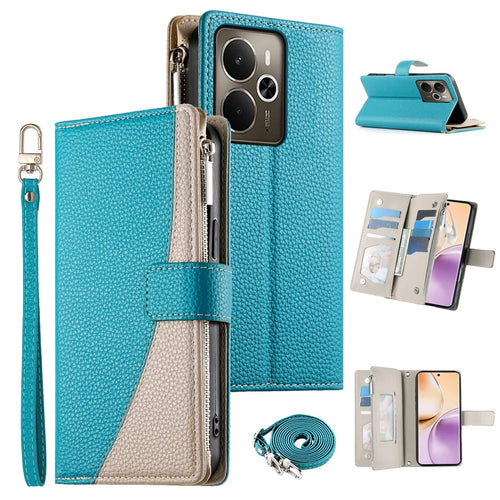 For Realme 14 5G Case Zipper Wallet Color Splicing Leather Flip Phone Cover with Straps - Lake Blue - 1