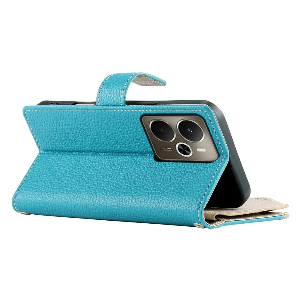 For Realme 14 5G Case Zipper Wallet Color Splicing Leather Flip Phone Cover with Straps - Lake Blue - 4