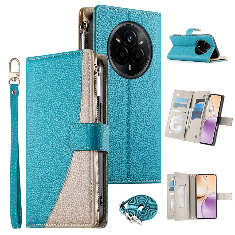 For Realme 14 Pro 5G Case Zipper Wallet Color Splicing Leather Flip Phone Cover with Straps - Lake Blue - 1