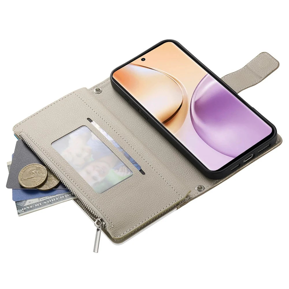 For Realme 14 Pro 5G Case Zipper Wallet Color Splicing Leather Flip Phone Cover with Straps - Lake Blue - 3