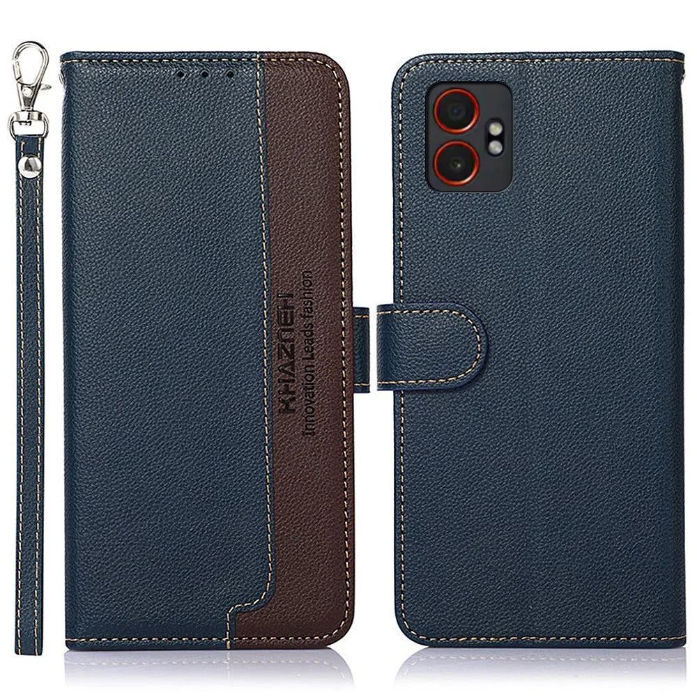 KHAZNEH For Samsung Galaxy XCover7 Pro Case RFID Blocking Wallet Litchi Texture PU Leather Phone Cover with Strap - Blue - 1