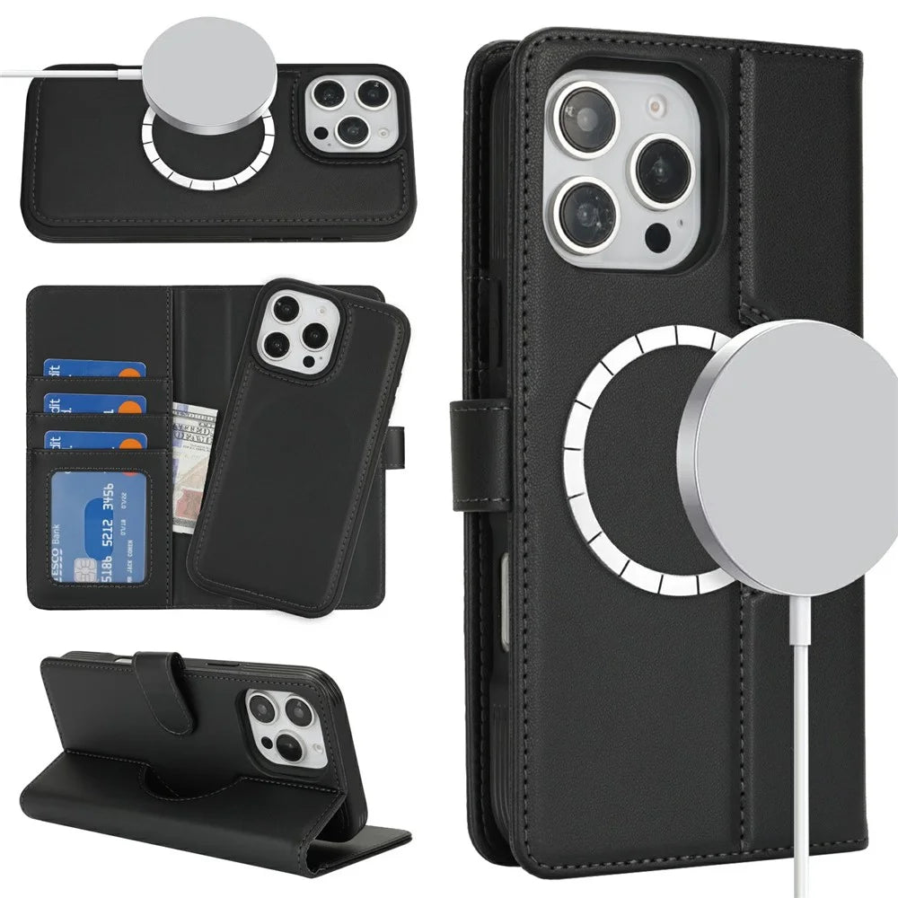 For iPhone 16 Pro Wallet Case Compatible with MagSafe Anti-Drop Detachable PU Leather Phone Cover - Black - 1