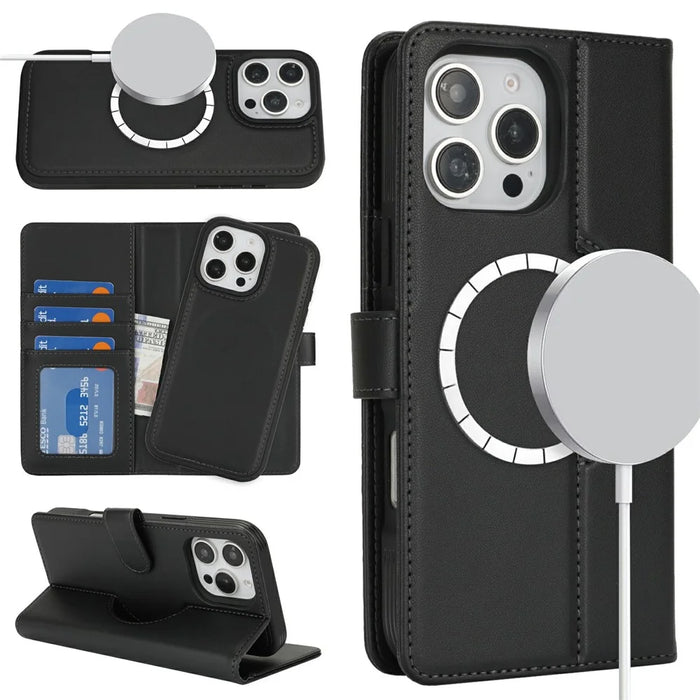 For iPhone 16 Pro Max Wallet Case Compatible with MagSafe Anti-Drop Detachable PU Leather Phone Cover - Black - 1