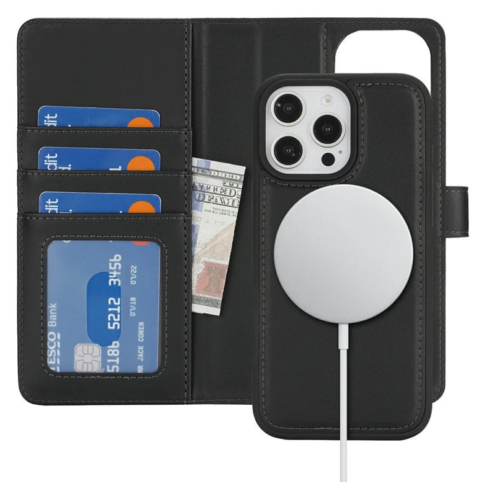 For iPhone 16 Pro Max Wallet Case Compatible with MagSafe Anti-Drop Detachable PU Leather Phone Cover - Black - 6