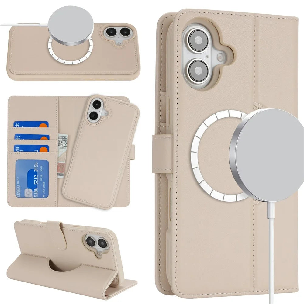 For iPhone 16 Plus Wallet Case Compatible with MagSafe Anti-Drop Detachable PU Leather Phone Cover - Beige - 1