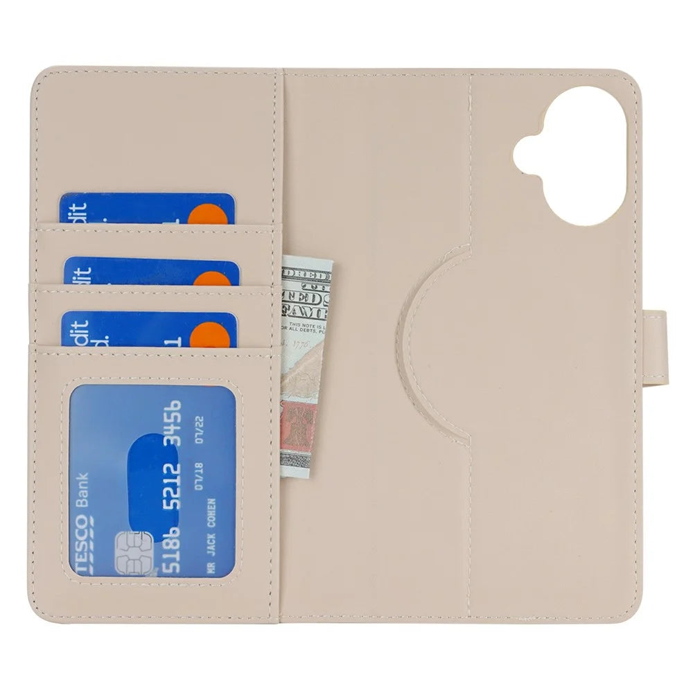 For iPhone 16 Plus Wallet Case Compatible with MagSafe Anti-Drop Detachable PU Leather Phone Cover - Beige - 6