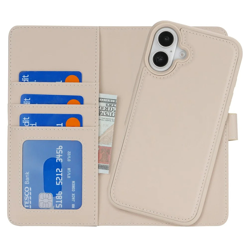 For iPhone 16 Plus Wallet Case Compatible with MagSafe Anti-Drop Detachable PU Leather Phone Cover - Beige - 7