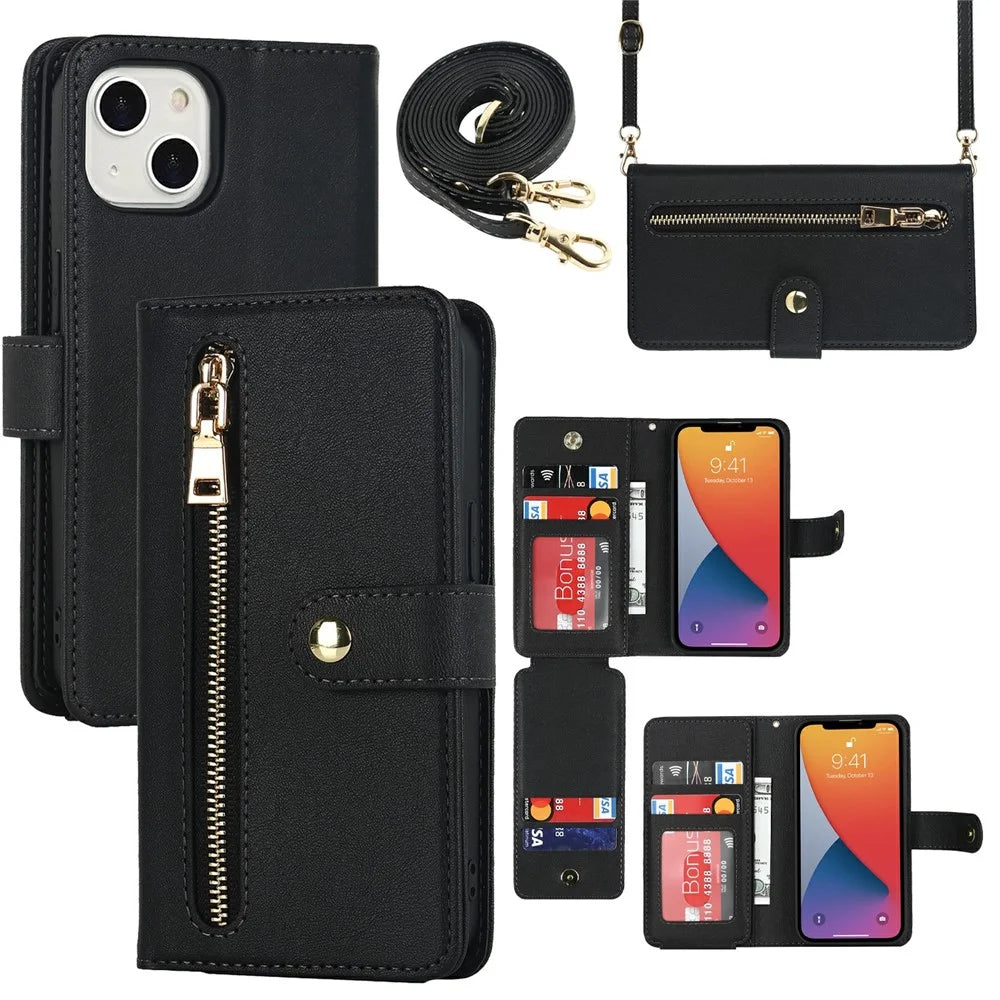 For iPhone 13 mini Stand Case PU Leather Phone Cover with Straps  /  Zipper Wallet  /  Multiple Card Slots - Black - 1