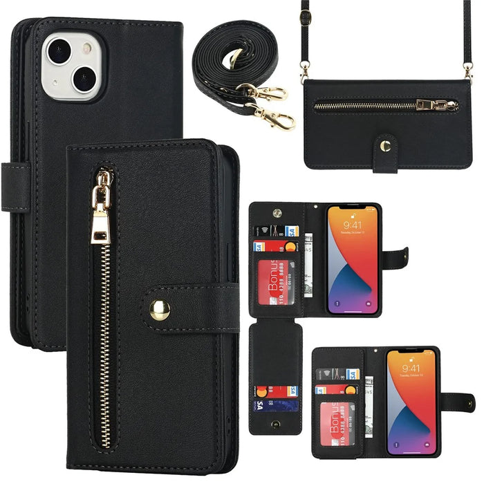 For iPhone 13 mini Stand Case PU Leather Phone Cover with Straps  /  Zipper Wallet  /  Multiple Card Slots - Black - 1