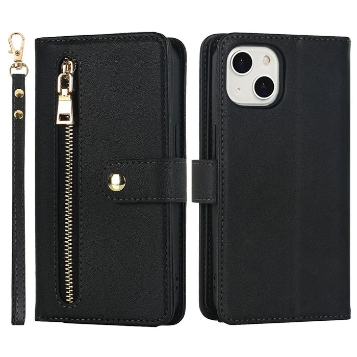 For iPhone 13 mini Stand Case PU Leather Phone Cover with Straps  /  Zipper Wallet  /  Multiple Card Slots - Black - 2