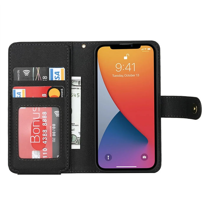 For iPhone 13 mini Stand Case PU Leather Phone Cover with Straps  /  Zipper Wallet  /  Multiple Card Slots - Black - 3