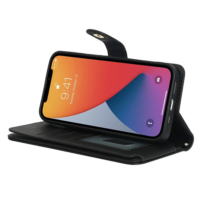 For iPhone 13 mini Stand Case PU Leather Phone Cover with Straps  /  Zipper Wallet  /  Multiple Card Slots - Black - 4