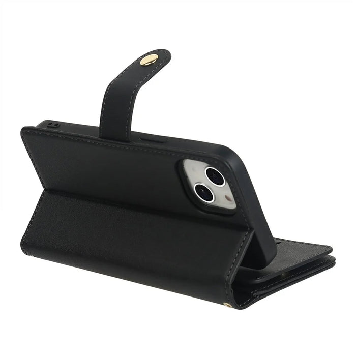 For iPhone 13 mini Stand Case PU Leather Phone Cover with Straps  /  Zipper Wallet  /  Multiple Card Slots - Black - 5