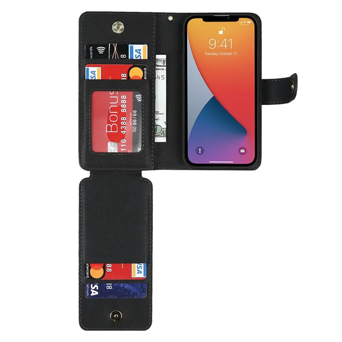 For iPhone 13 mini Stand Case PU Leather Phone Cover with Straps  /  Zipper Wallet  /  Multiple Card Slots - Black - 6