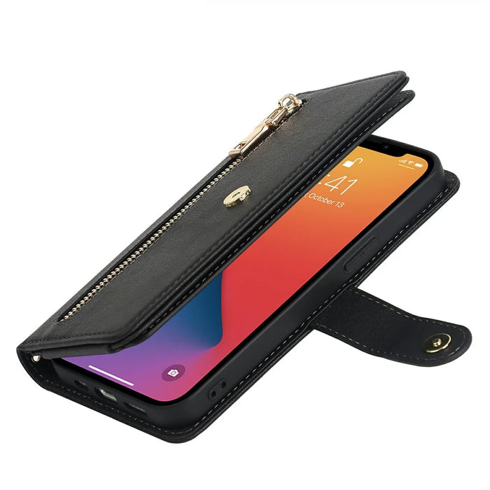 For iPhone 13 mini Stand Case PU Leather Phone Cover with Straps  /  Zipper Wallet  /  Multiple Card Slots - Black - 7