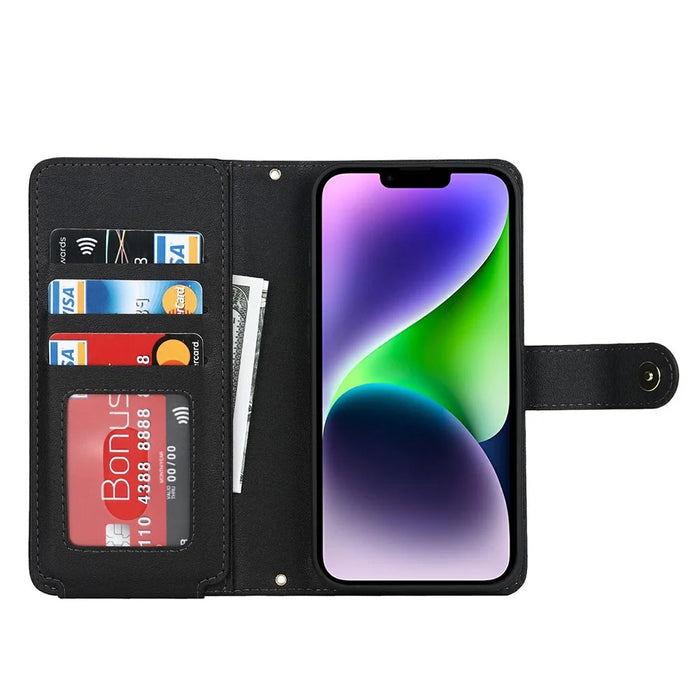 For iPhone 14 / 13 Stand Case PU Leather Phone Cover with Straps  /  Zipper Wallet  /  Multiple Card Slots - Black - 3