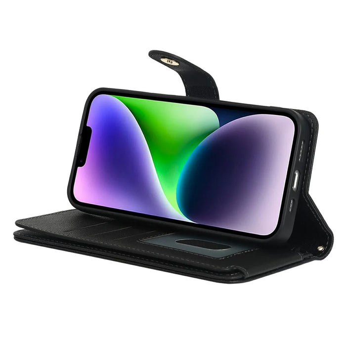 For iPhone 14 / 13 Stand Case PU Leather Phone Cover with Straps  /  Zipper Wallet  /  Multiple Card Slots - Black - 4