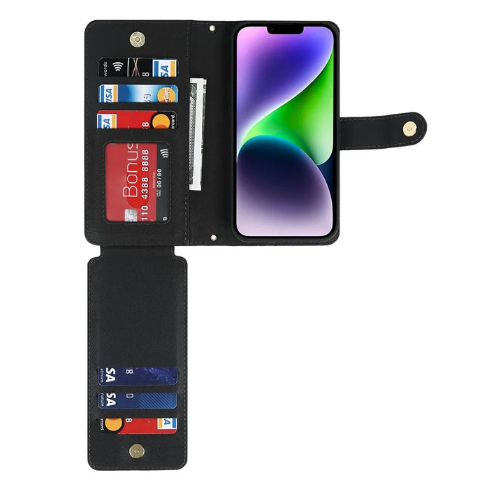For iPhone 14 / 13 Stand Case PU Leather Phone Cover with Straps  /  Zipper Wallet  /  Multiple Card Slots - Black - 6