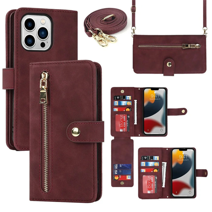 For iPhone 13 Pro Stand Case PU Leather Phone Cover with Straps  /  Zipper Wallet  /  Multiple Card Slots - Wine Red - 1